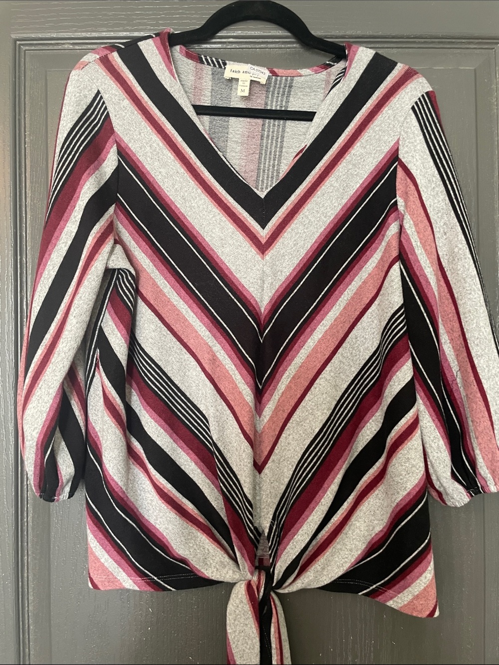 Monteau Pink, Black & Gray Striped V-Neck Tie-Front Blouse